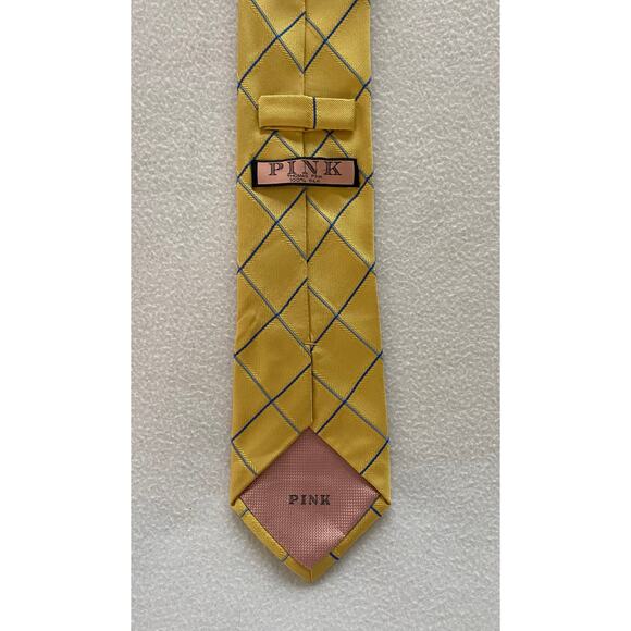 Thomas Pink Tie Vivid Gold Gray Checkered Luxury Necktie Silk Woven Thick - Picture 3 of 4